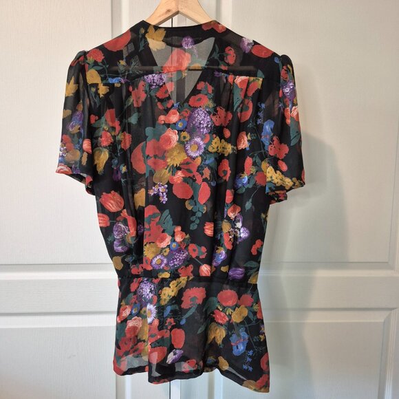 Vintage 80s-90s 1940s-Inspired Sheer Floral Top | Diagonal Buttons | M–L - Picture 7 of 8